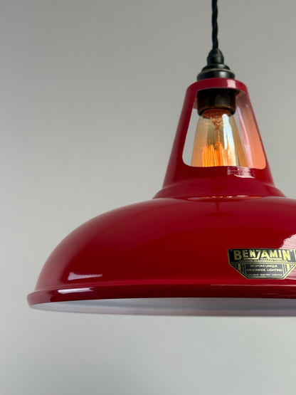 Cawston XL ~ **Worn** British Red Solid Shade Slotted Design Pendant Set Light ~ 14 Inch