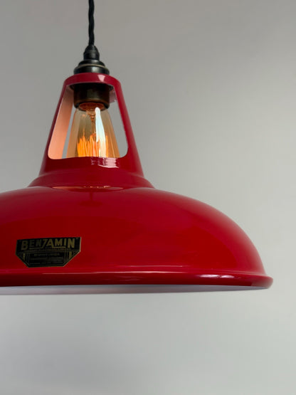 Cawston XL ~ **Worn** British Red Solid Shade Slotted Design Pendant Set Light ~ 14 Inch