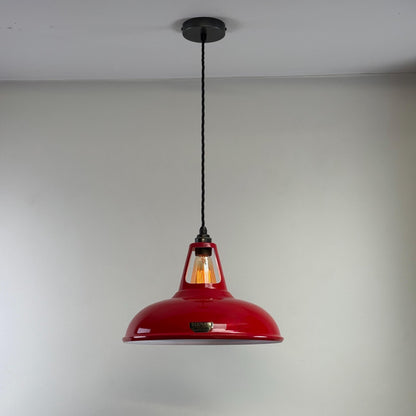 Cawston XL ~ **Worn** British Red Solid Shade Slotted Design Pendant Set Light ~ 14 Inch