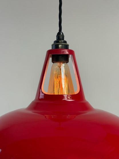 Cawston XL ~ **Worn** British Red Solid Shade Slotted Design Pendant Set Light ~ 14 Inch