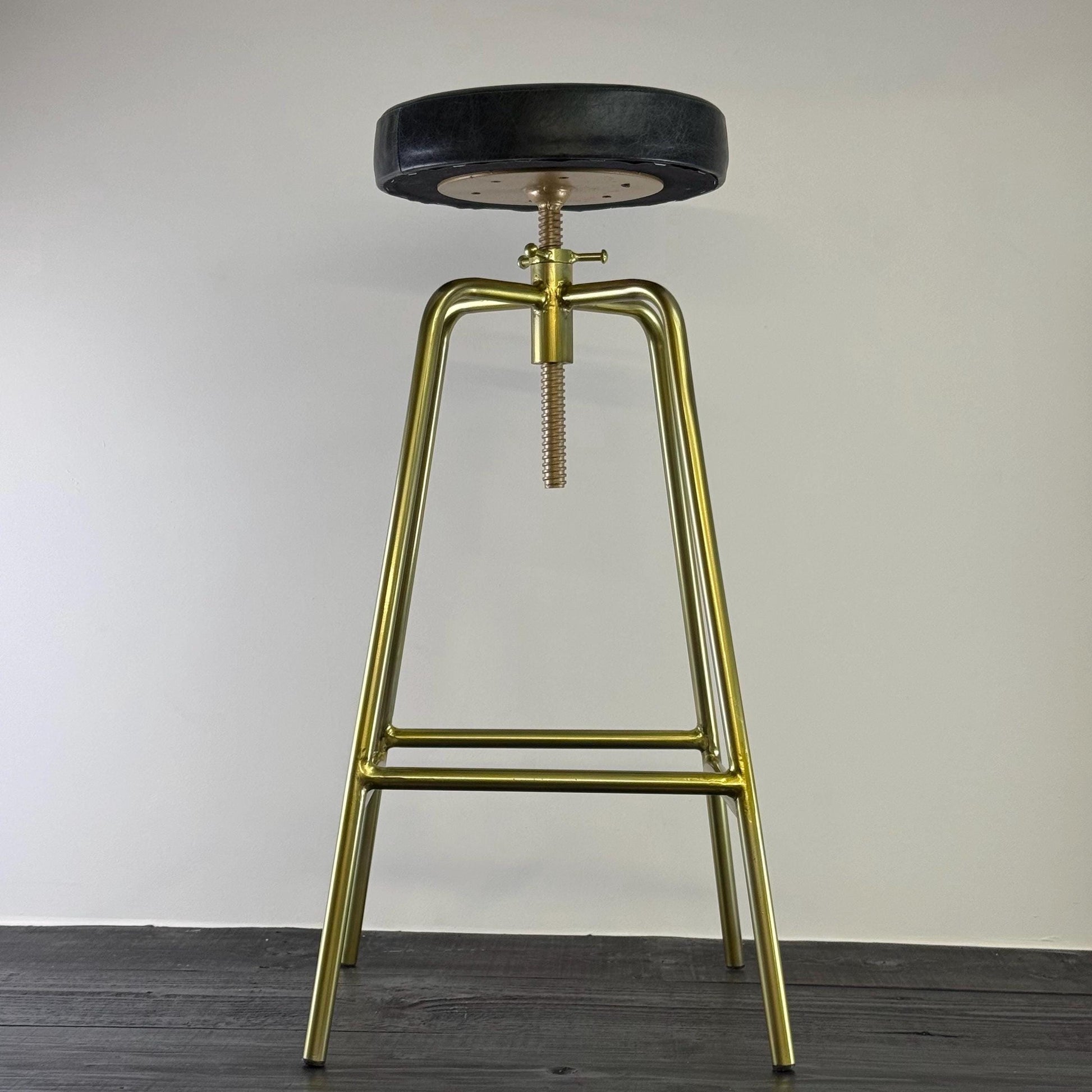 Patinated Brass Industrial Leather Bar Stool | Vintage Style | Solid Cast Metal | Floor Standing