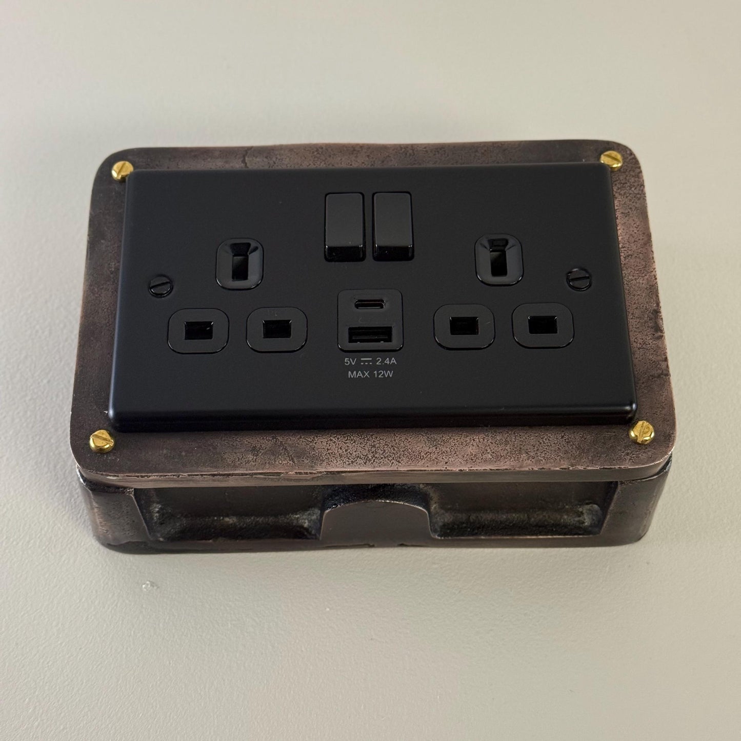 Matt Black Double Gang Plug Socket with Industrial Antique Copper Back Conduit Box