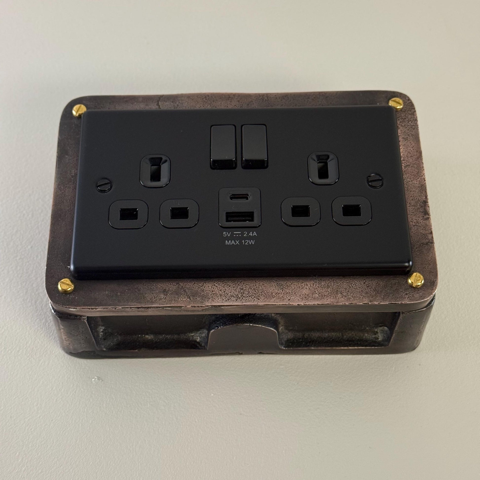Matt Black Double Gang Plug Socket with Industrial Antique Copper Back Conduit Box