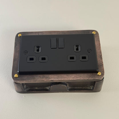 Matt Black Double Gang Plug Socket with Industrial Antique Copper Back Conduit Box