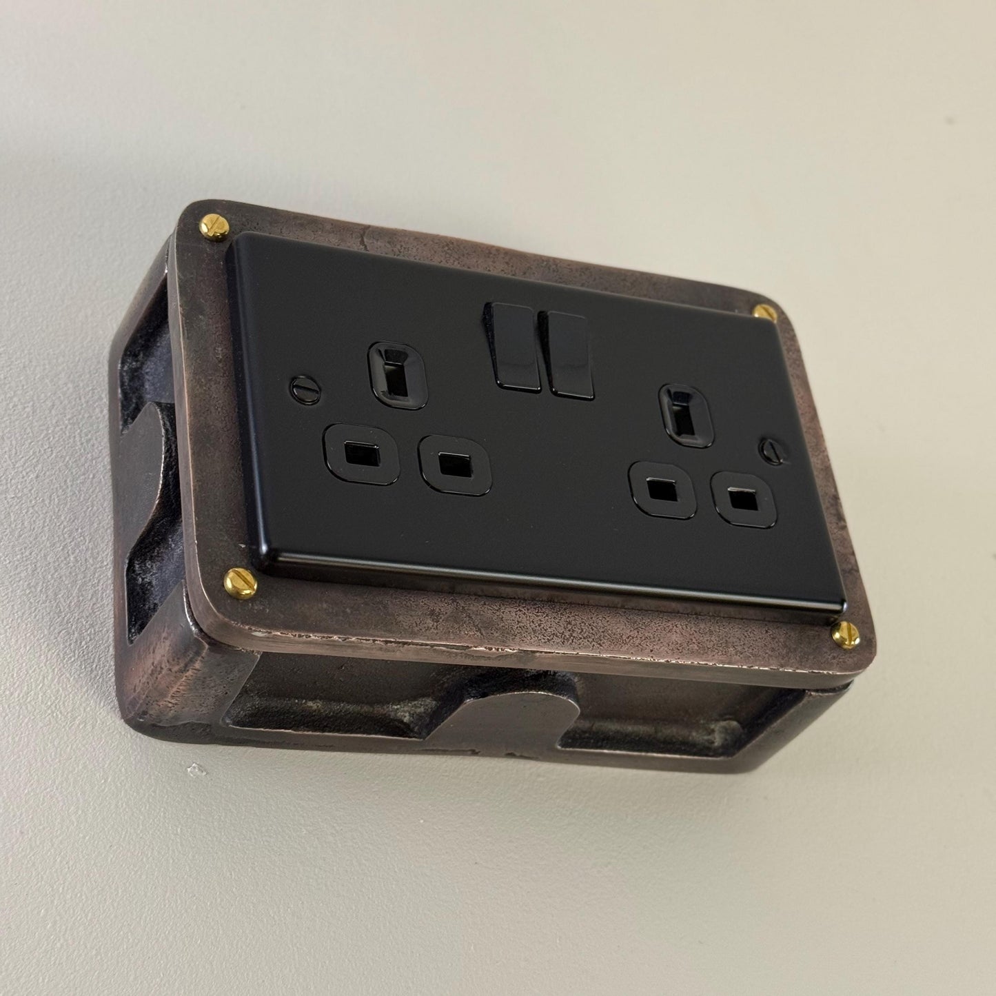 Matt Black Double Gang Plug Socket with Industrial Antique Copper Back Conduit Box