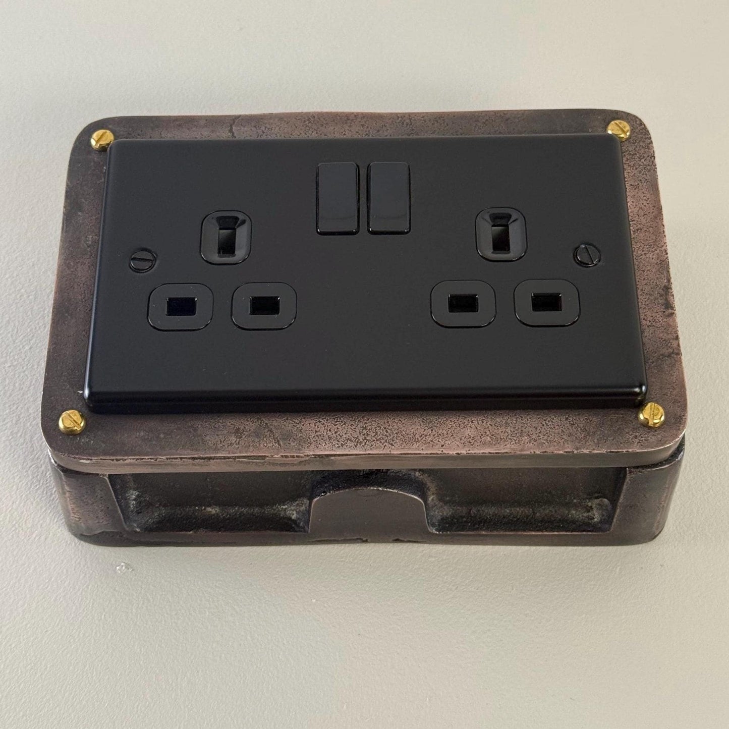 Matt Black Double Gang Plug Socket with Industrial Antique Copper Back Conduit Box