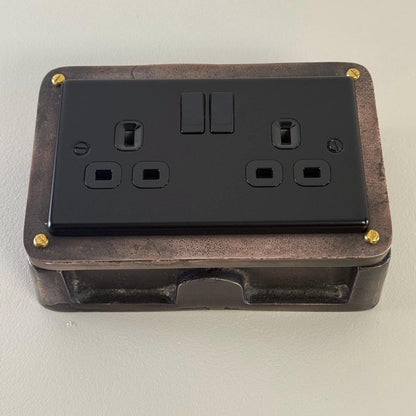 Matt Black Double Gang Plug Socket with Industrial Antique Copper Back Conduit Box
