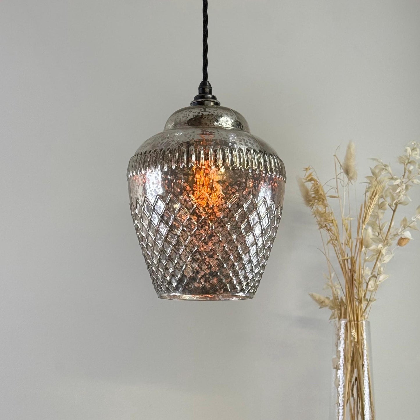 Vintage Mercury Glass Pendant Light Handcrafted Diamond Cut Hanging Lamp