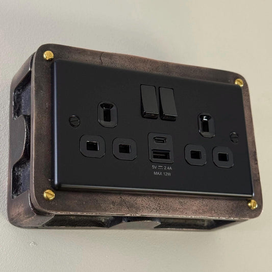 Matt Black Double Gang Plug Socket with Industrial Antique Copper Back Conduit Box