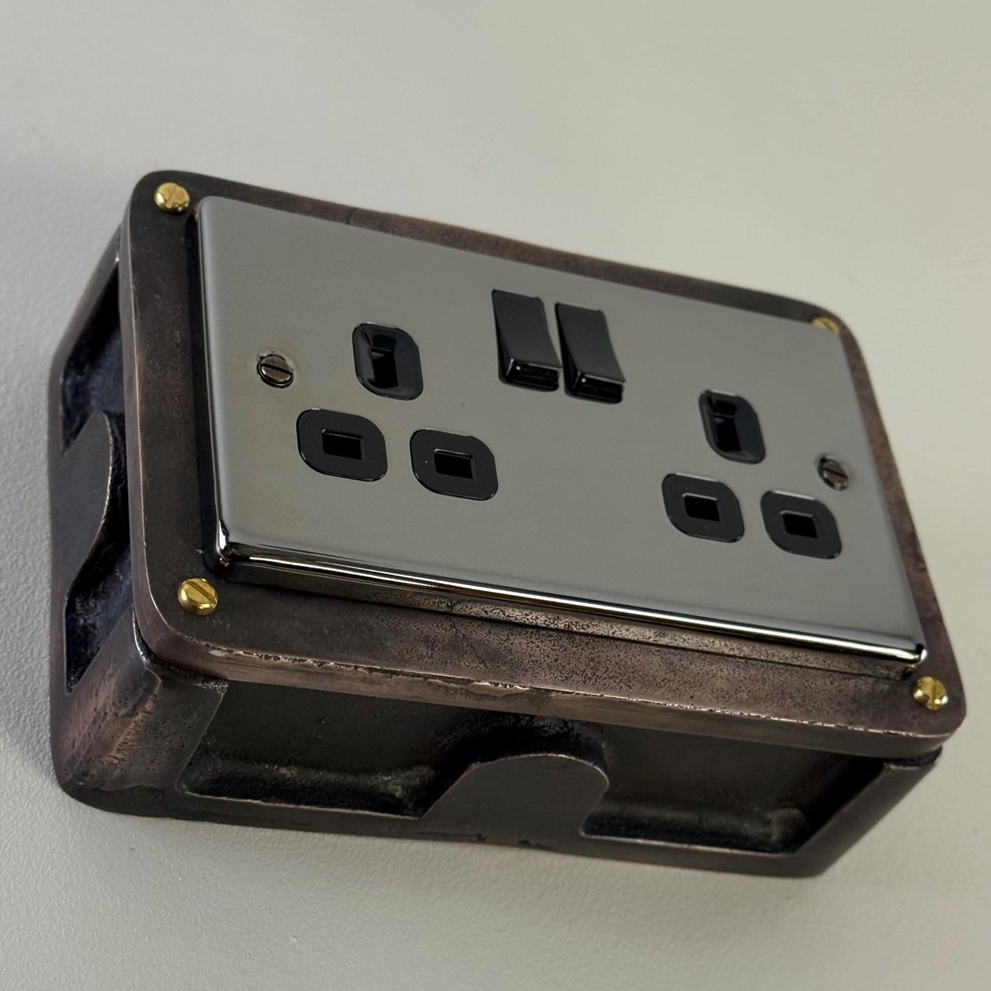 Black Nickel Double Gang Plug Socket with Industrial Antique Copper Back Conduit Box