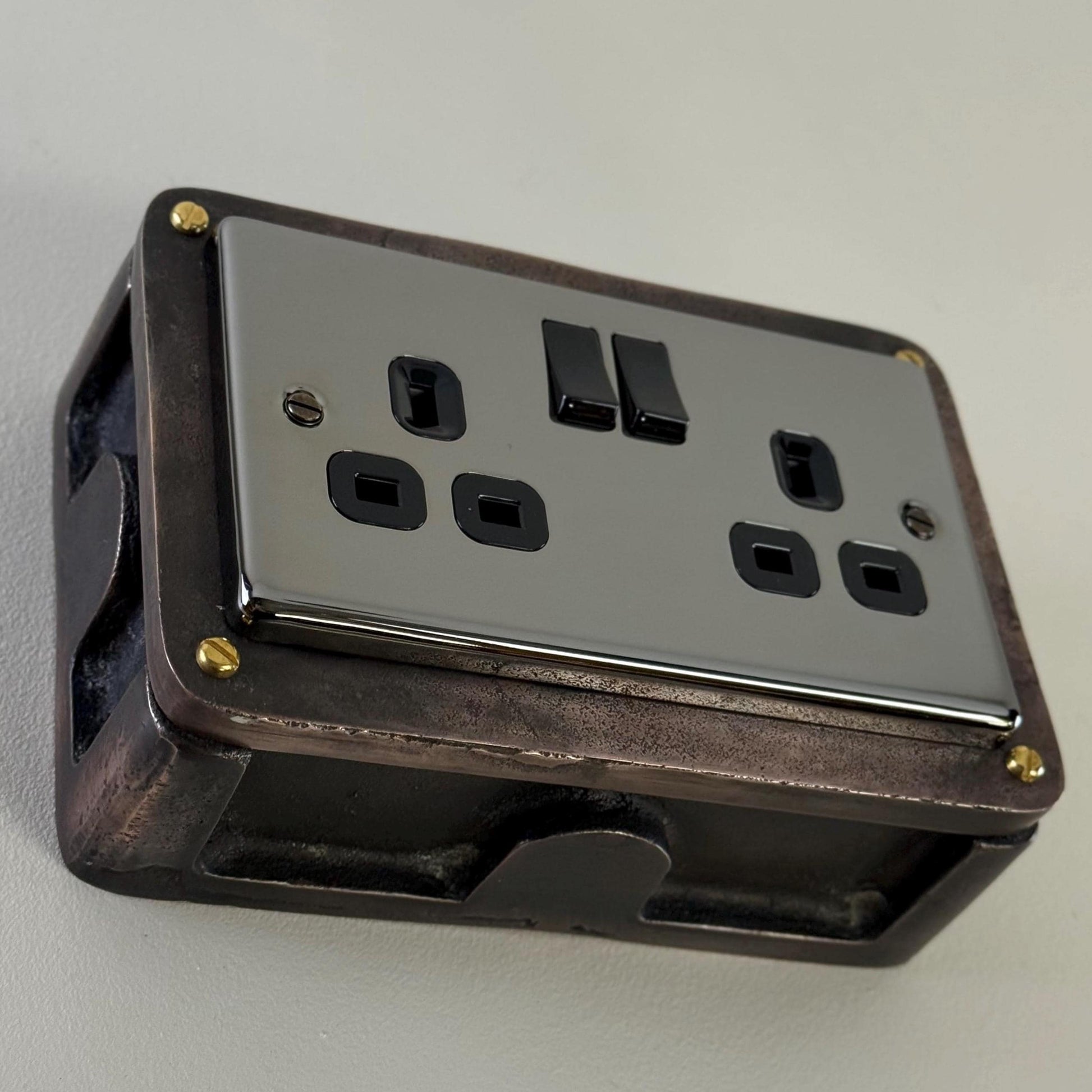Black Nickel Double Gang Plug Socket with Industrial Antique Copper Back Conduit Box