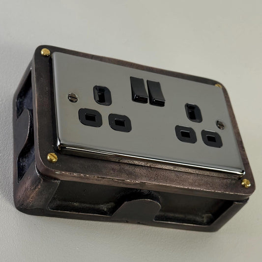 Black Nickel Double Gang Plug Socket with Industrial Antique Copper Back Conduit Box