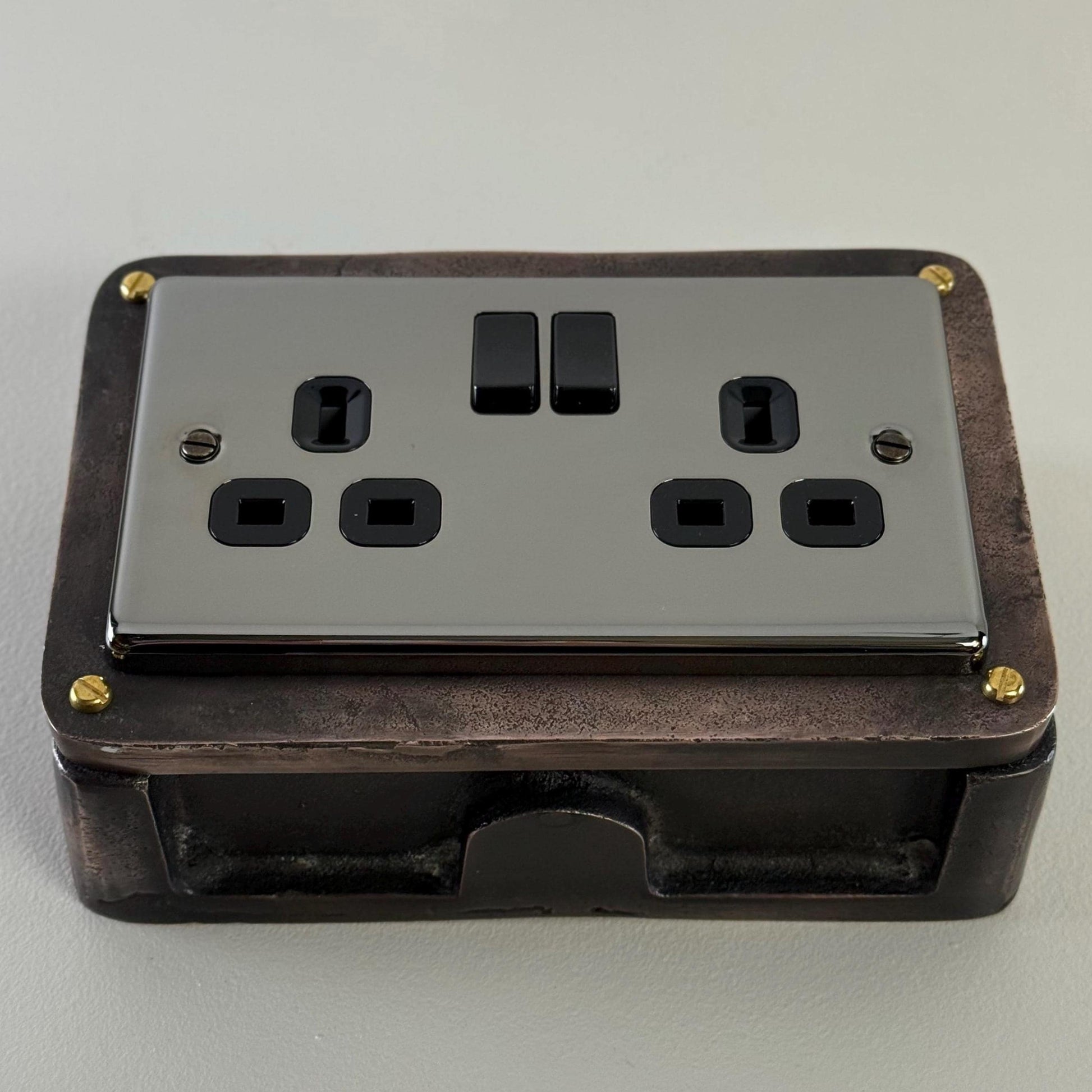 Black Nickel Double Gang Plug Socket with Industrial Antique Copper Back Conduit Box