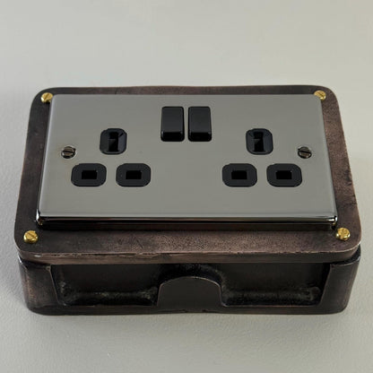 Black Nickel Double Gang Plug Socket with Industrial Antique Copper Back Conduit Box