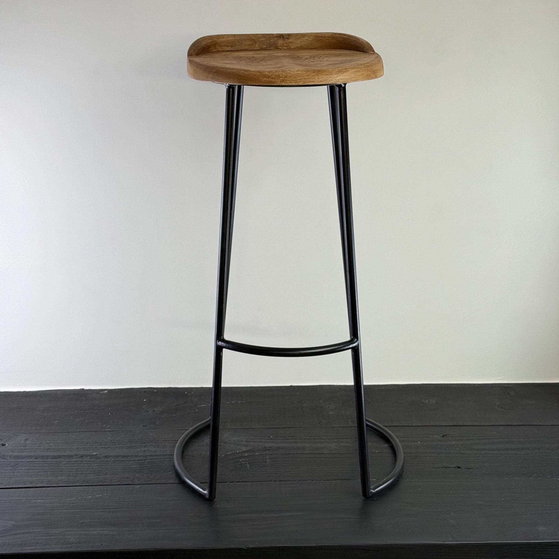 Solid Mango Wooden Top Bar Stool Hand Crafted | Solid Cast Metal | Floor Standing | Kitchen Black Iron | Industrial Tractor Seat
