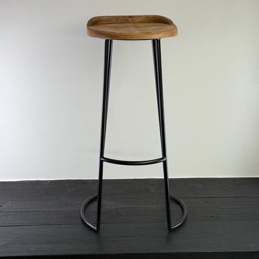Solid Mango Wooden Top Bar Stool Hand Crafted | Solid Cast Metal | Floor Standing | Kitchen Black Iron | Industrial Tractor Seat