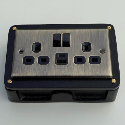 Antique Brass Double Gang Plug Socket with Industrial Black Cast Back Conduit Box