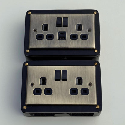 Antique Brass Double Gang Plug Socket with Industrial Black Cast Back Conduit Box