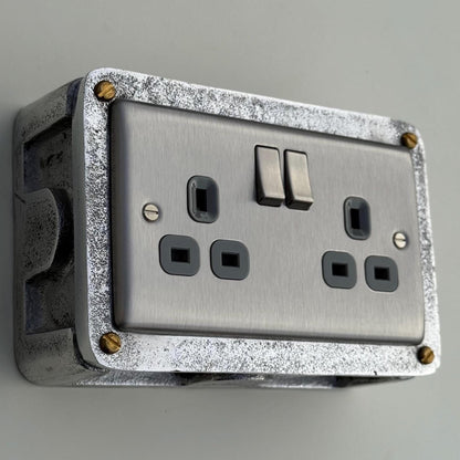 Brushed Steel Double Switched 13A Power Socket Grey Insert 230V 2 Gang 2G Socket Cast Metal Conduit Industrial