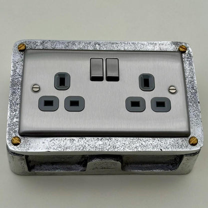 Brushed Steel Double Switched 13A Power Socket Grey Insert 230V 2 Gang 2G Socket Cast Metal Conduit Industrial