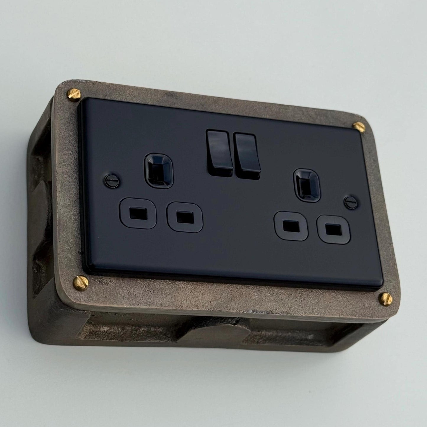 Matt Black Double Gang Plug Socket with Industrial Antique Brass Back Conduit Box