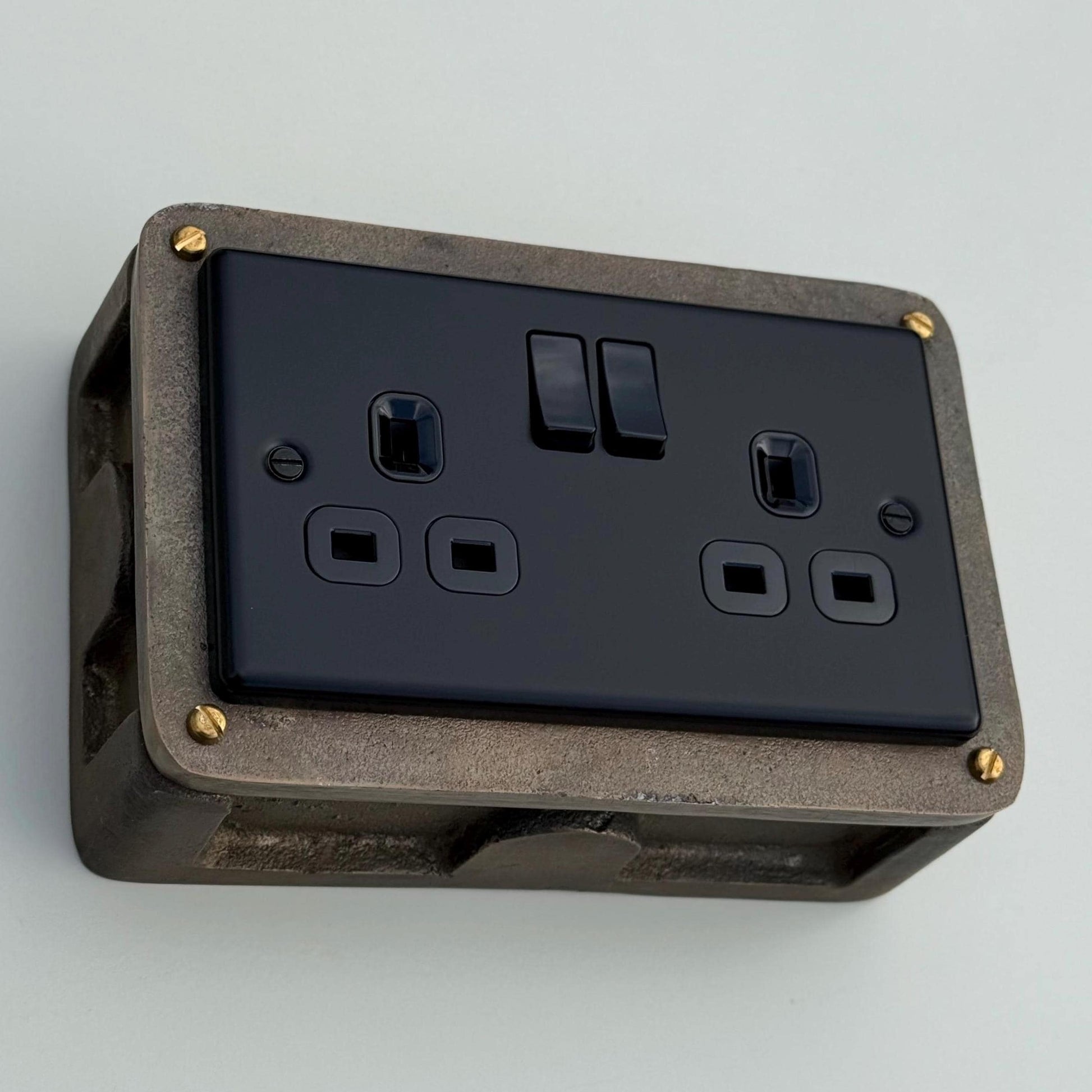 Matt Black Double Gang Plug Socket with Industrial Antique Brass Back Conduit Box