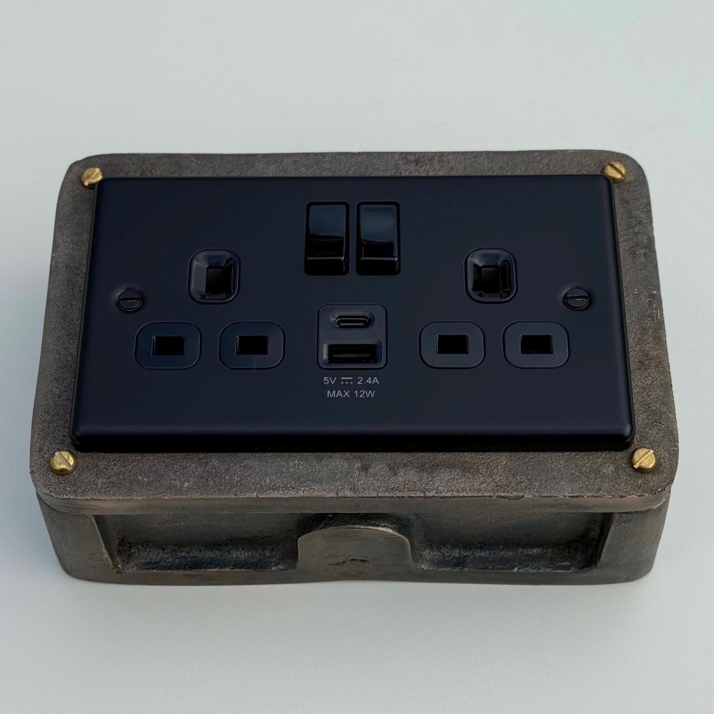 Matt Black Double Gang Plug Socket with Industrial Antique Brass Back Conduit Box