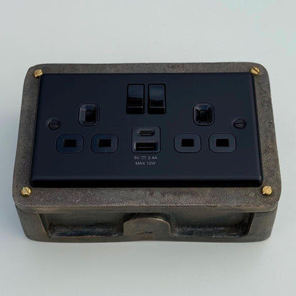 Matt Black Double Gang Plug Socket with Industrial Antique Brass Back Conduit Box