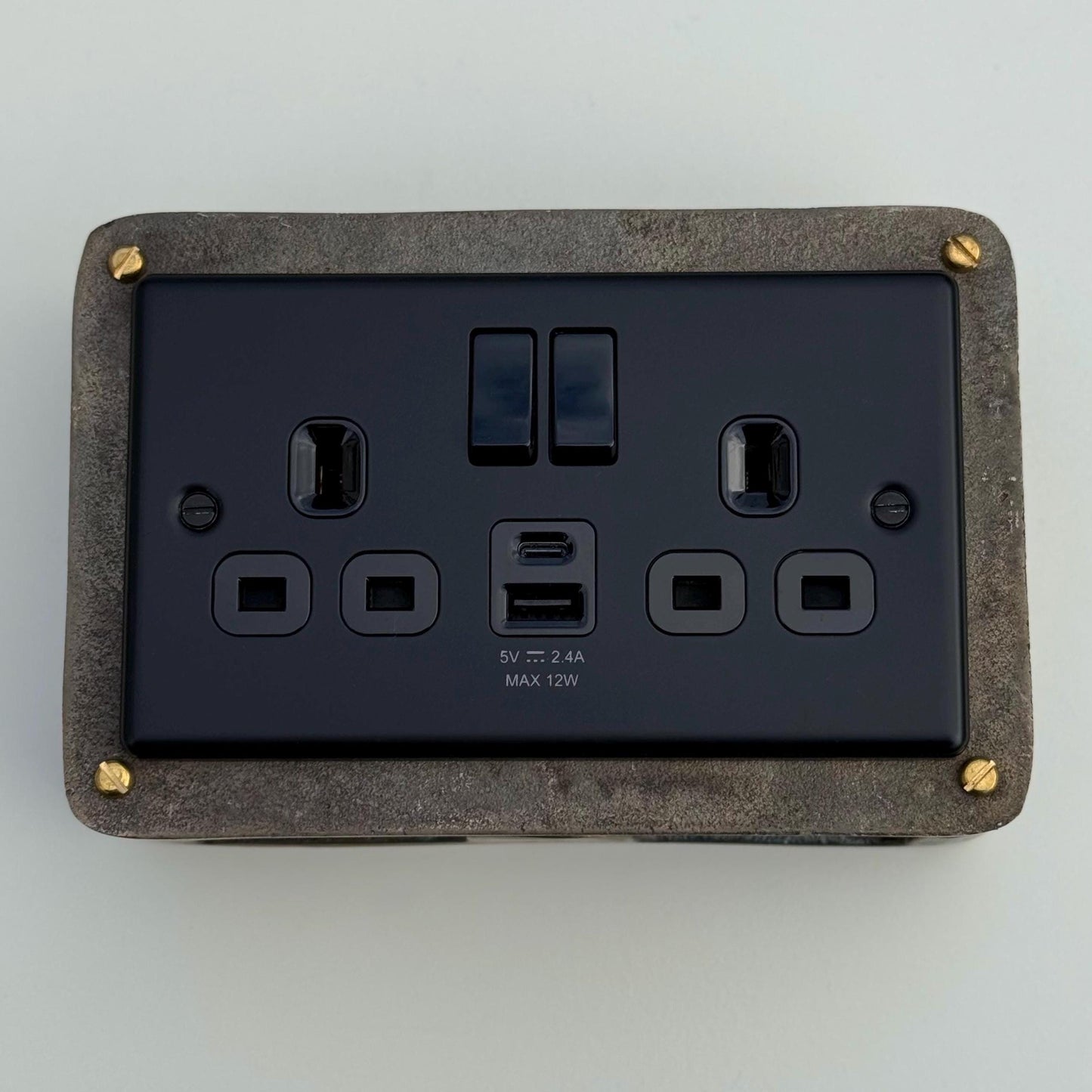 Matt Black Double Gang Plug Socket with Industrial Antique Brass Back Conduit Box
