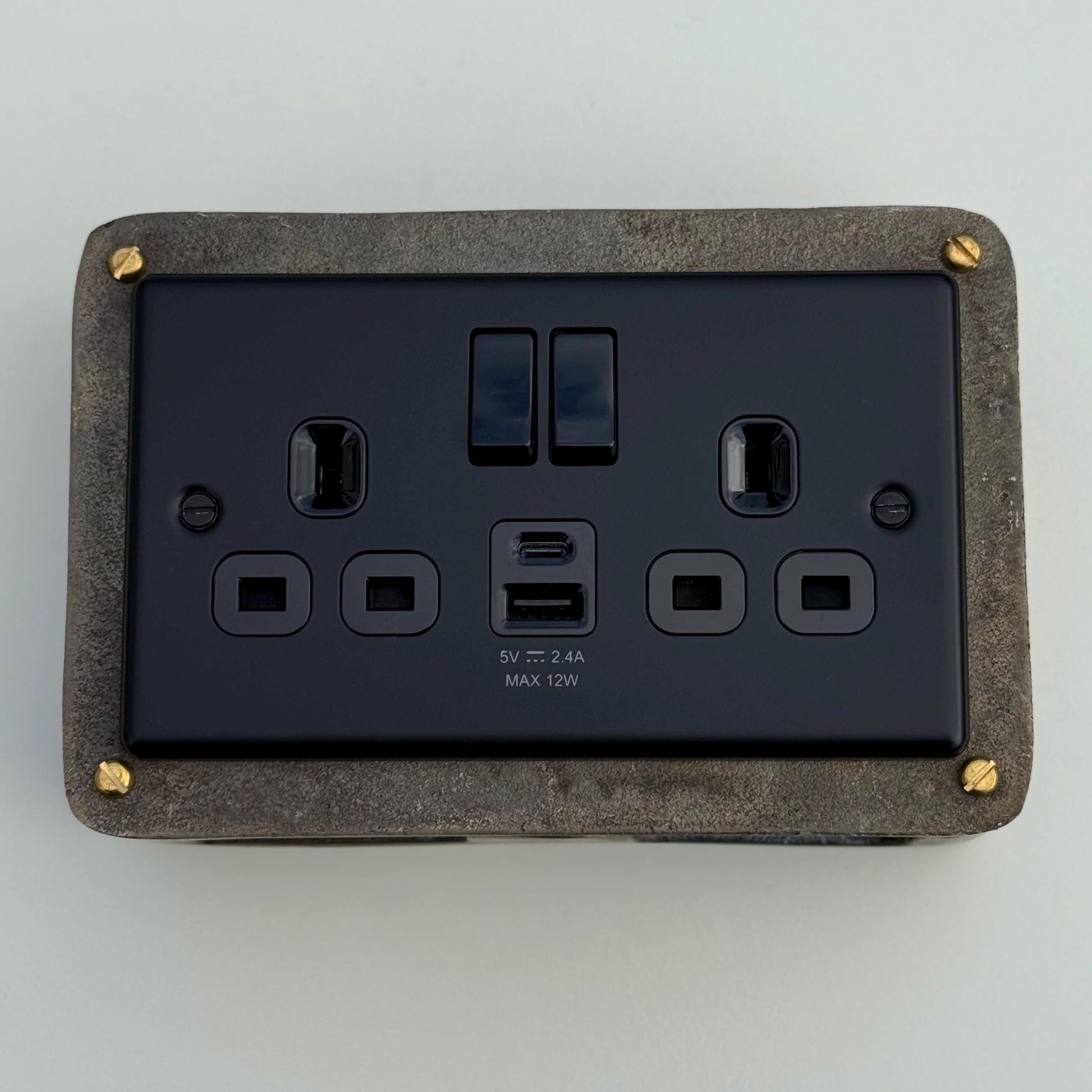 Matt Black Double Gang Plug Socket with Industrial Antique Brass Back Conduit Box