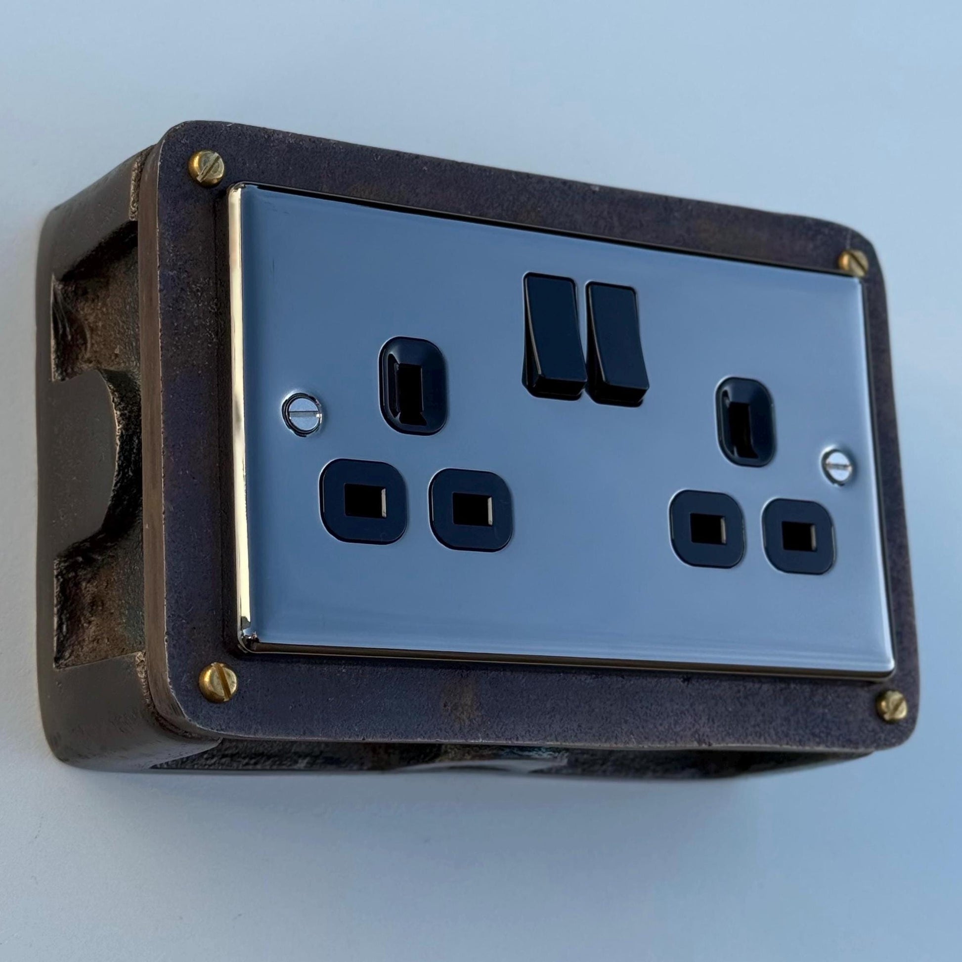 Black Nickel Double Switched 13A Power Socket 230V 13A 2 Gang 2G Solid Metal Antique Brass Conduit Switch Industrial - BS EN Approved