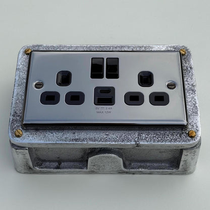 Black Nickel Double Switched 13A Power Socket 230V 13A 2 Gang 2G Solid Cast Metal Conduit Switch Industrial