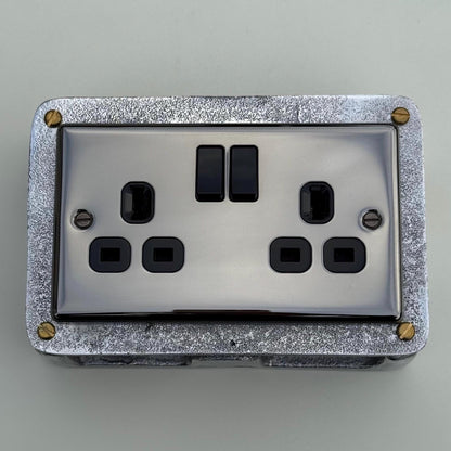 Black Nickel Double Switched 13A Power Socket 230V 13A 2 Gang 2G Solid Cast Metal Conduit Switch Industrial