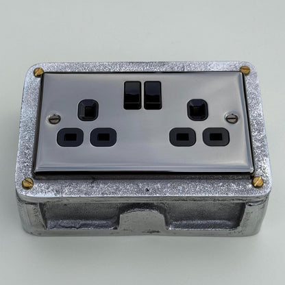Black Nickel Double Switched 13A Power Socket 230V 13A 2 Gang 2G Solid Cast Metal Conduit Switch Industrial