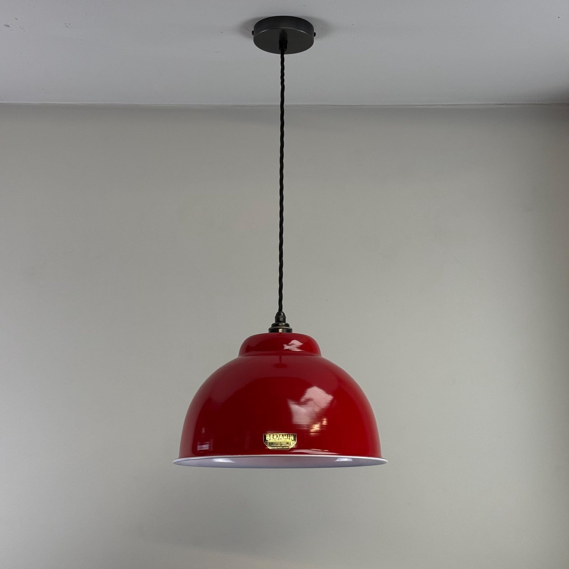 Morley XL ~ British Red RLM Deep Dome Reflector Lampshade Pendant Set Light ~ 13 Inch