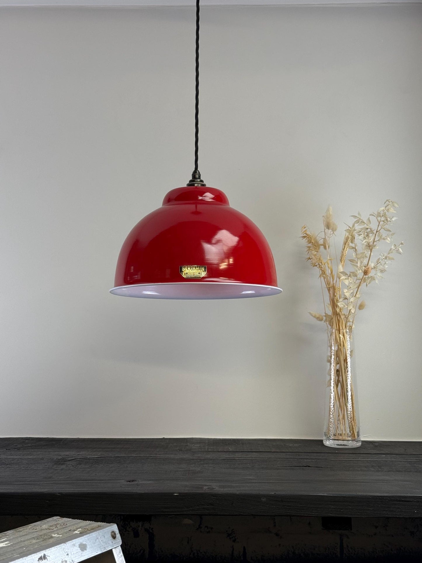 Morley XL ~ British Red RLM Deep Dome Reflector Lampshade Pendant Set Light ~ 13 Inch