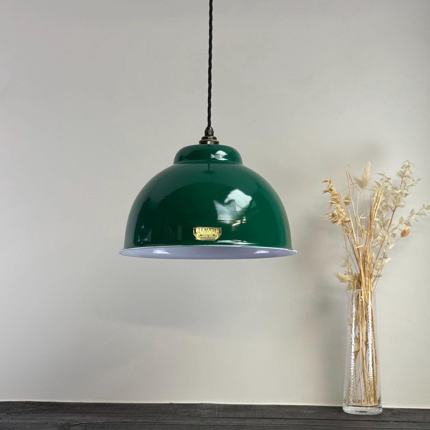 Morley XL ~ Original Green RLM Deep Dome Reflector Lampshade Pendant Set Light ~ 13 Inch