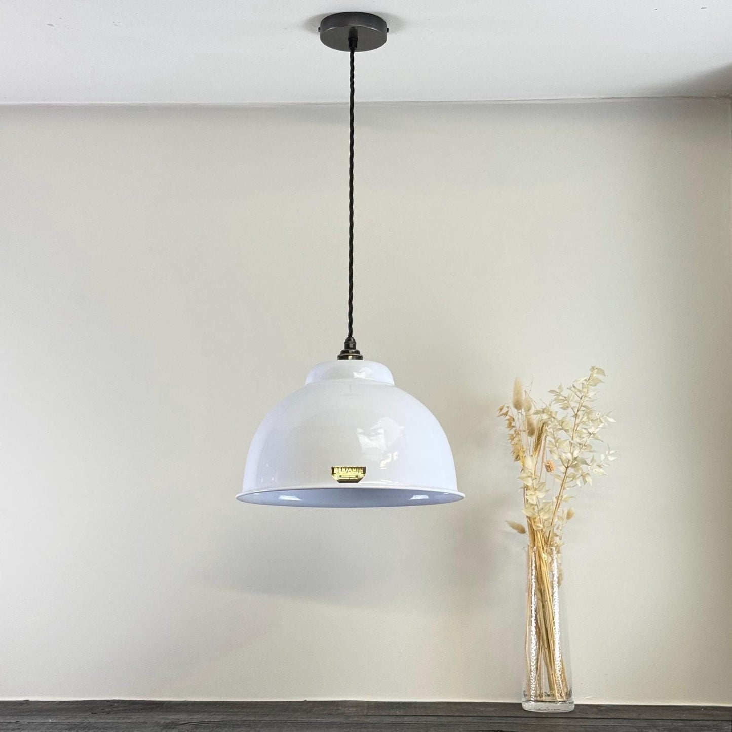 Morley XL ~ Original White RLM Deep Dome Reflector Lampshade Pendant Set Light ~ 13 Inch