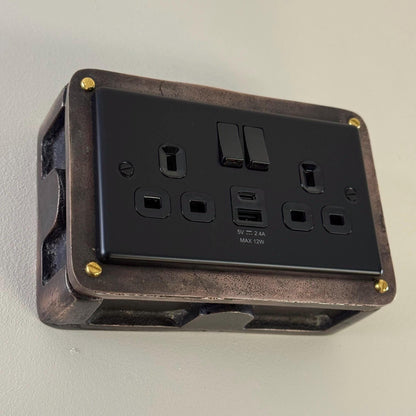 Matt Black Double Gang Plug Socket with Industrial Antique Copper Back Conduit Box