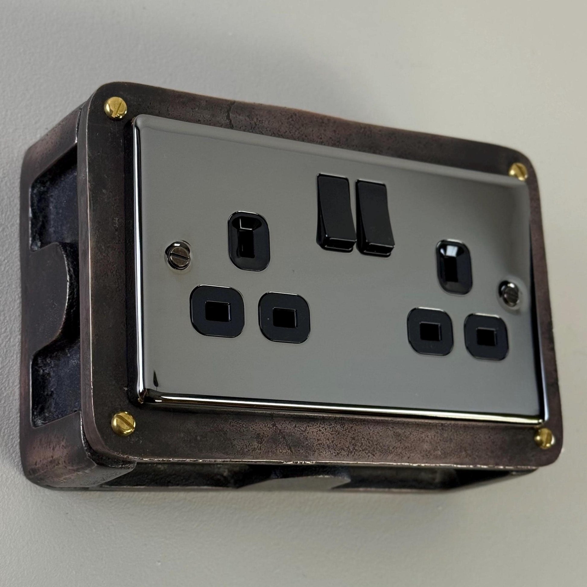Black Nickel Double Gang Plug Socket with Industrial Antique Copper Back Conduit Box