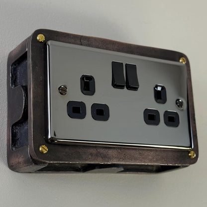 Black Nickel Double Gang Plug Socket with Industrial Antique Copper Back Conduit Box