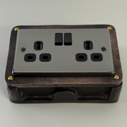 Black Nickel Double Gang Plug Socket with Industrial Antique Copper Back Conduit Box