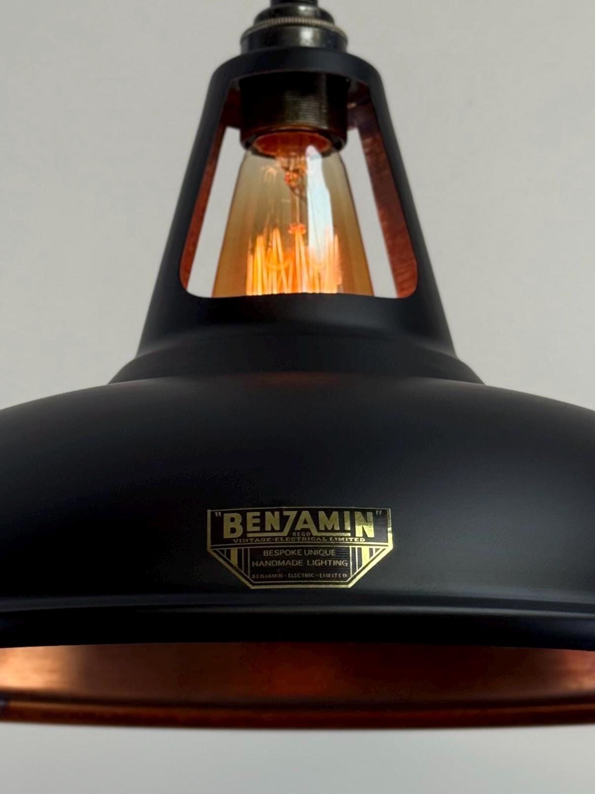 Cawston XL ~ Matt Black & Antique Copper Lampshade Slotted Design Pendant Ceiling Light ~ 14 Inch