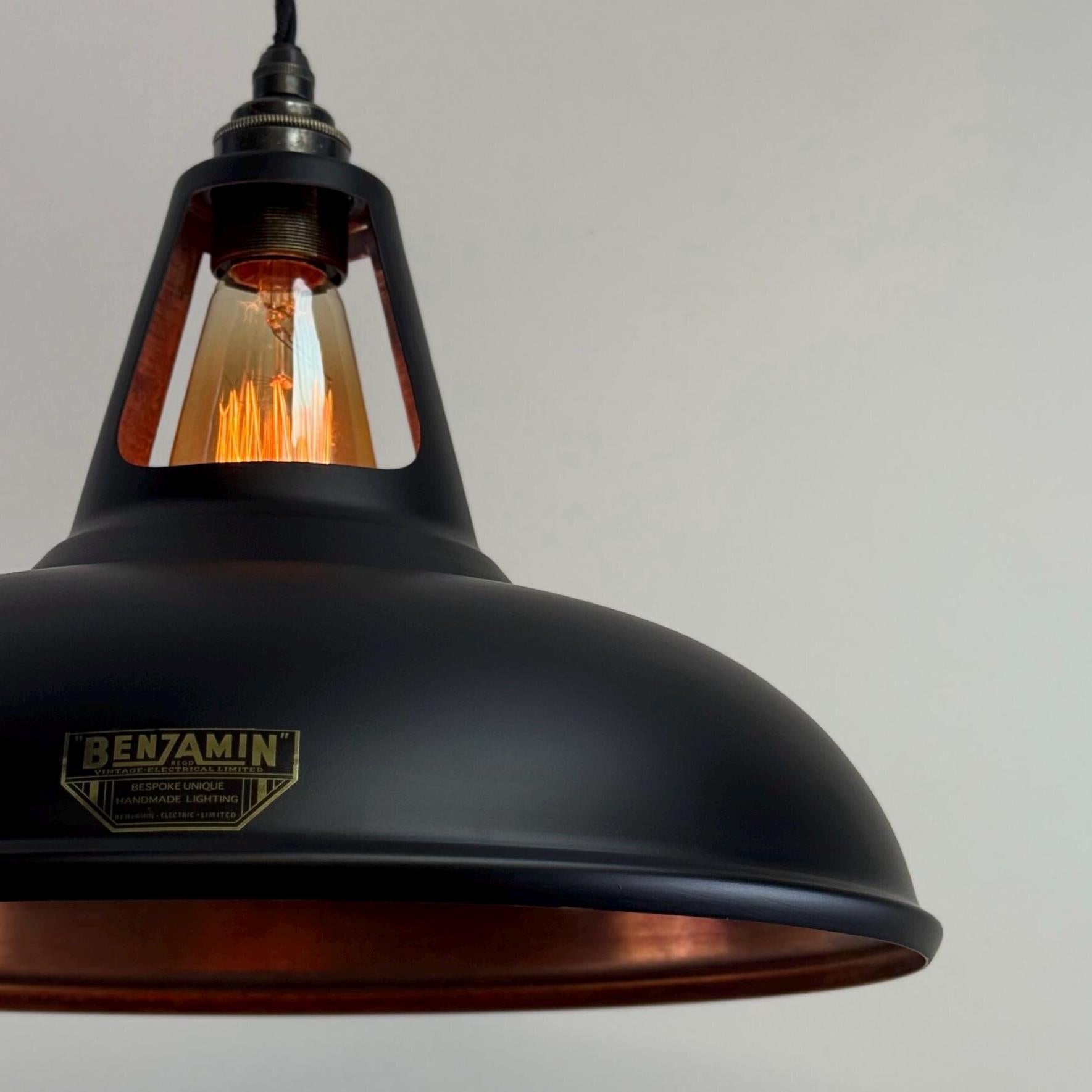 Cawston XL ~ Matt Black & Antique Copper Lampshade Slotted Design Pendant Ceiling Light ~ 14 Inch