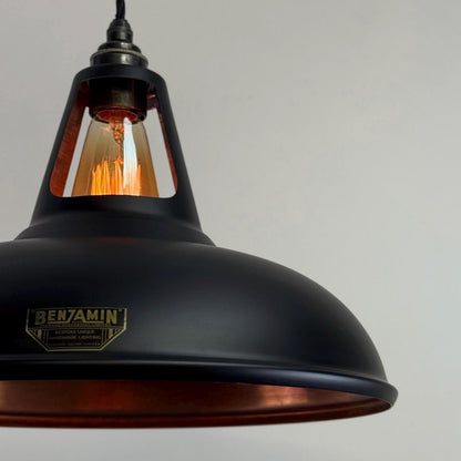 Cawston XL ~ Matt Black & Antique Copper Lampshade Slotted Design Pendant Ceiling Light ~ 14 Inch
