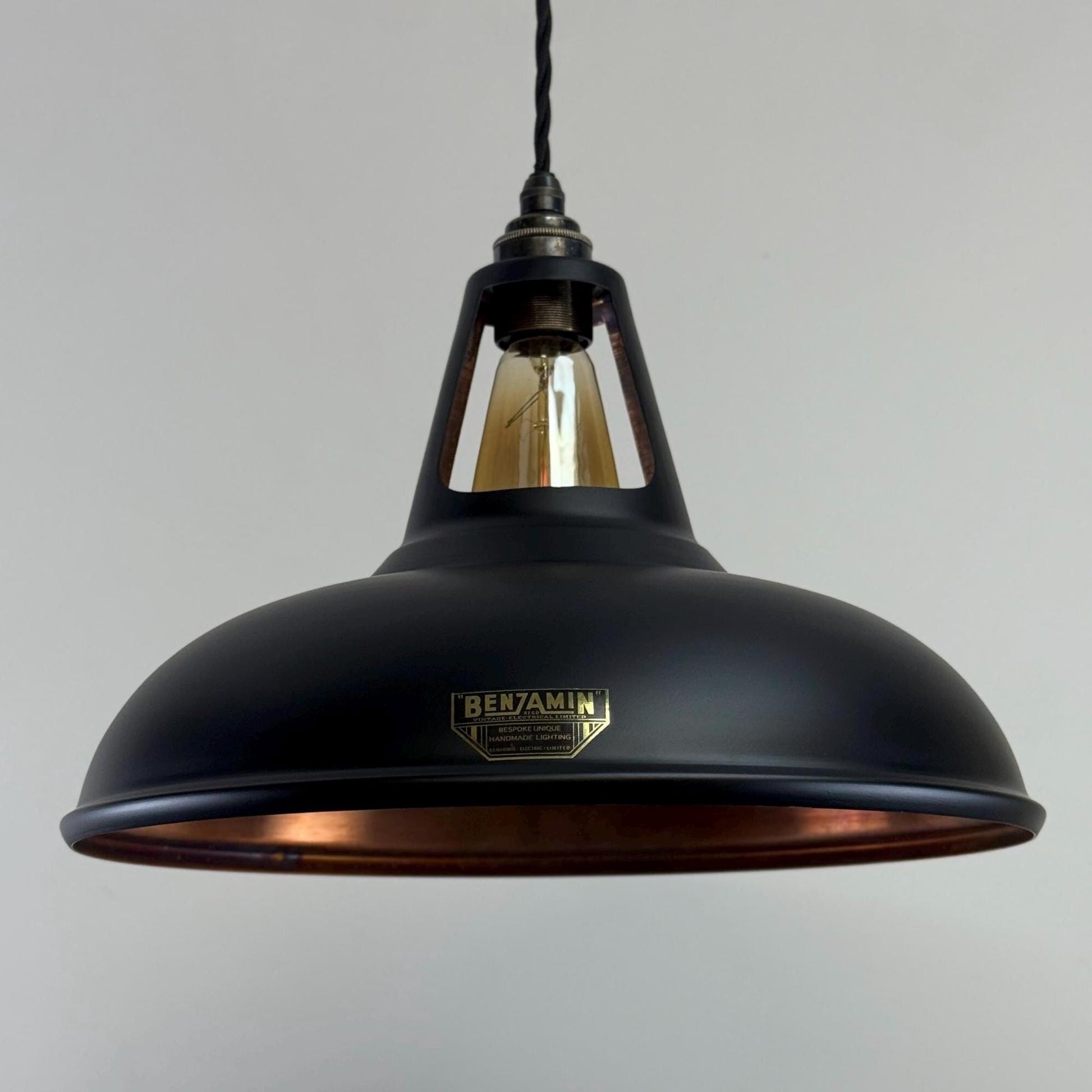 Cawston XL ~ Matt Black & Antique Copper Lampshade Slotted Design Pendant Ceiling Light ~ 14 Inch