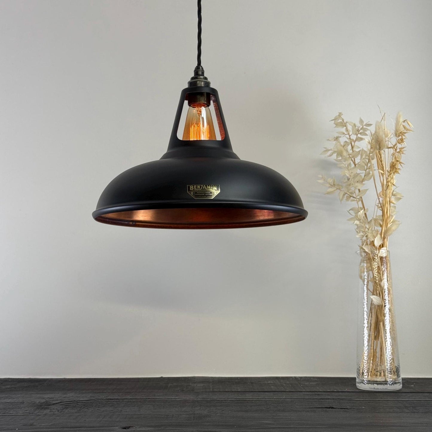 Cawston XL ~ Matt Black & Antique Copper Lampshade Slotted Design Pendant Ceiling Light ~ 14 Inch