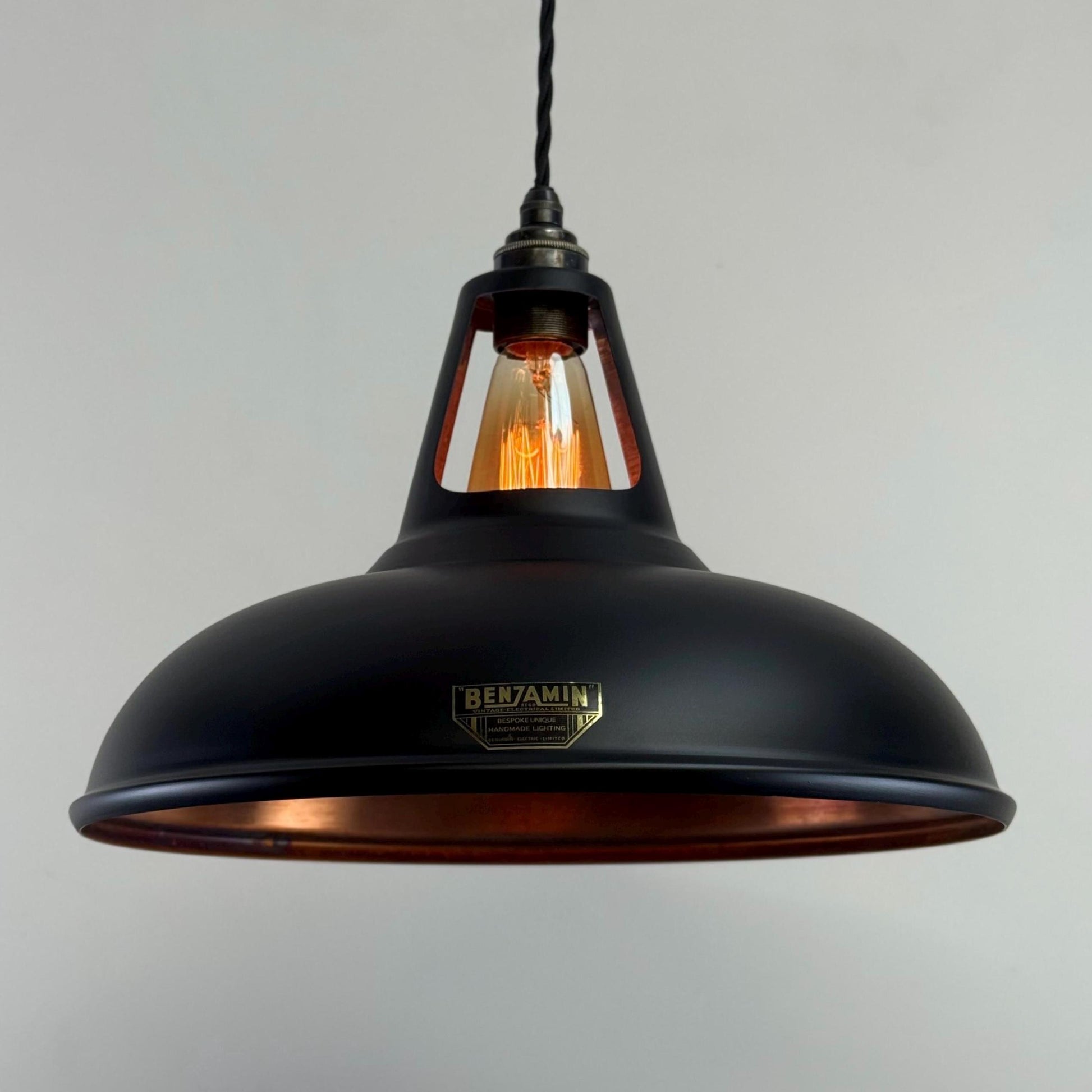 Cawston XL ~ Matt Black & Antique Copper Lampshade Slotted Design Pendant Ceiling Light ~ 14 Inch
