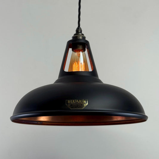 Cawston XL ~ Matt Black & Antique Copper Lampshade Slotted Design Pendant Ceiling Light ~ 14 Inch
