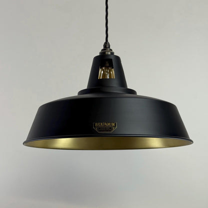 Wolferton XL ~ Matt Black & Brass Lampshade Coolie Design Pendant Ceiling Light ~ 15.5 Inch